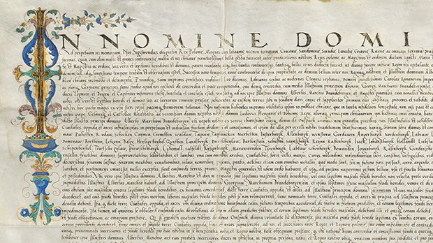 Ausschnitt der Urkunde über die Belehnung Albrechts mit dem Herzogtum Preußen, 1525. Ausschnitt der Urkunde über die Belehnung Albrechts mit dem Herzogtum Preußen, 1525. GStA PK, XX. HA, Perg.-Urkk., Schieblade LXV, Nr. 2, © GStA PK / Christine Ziegler