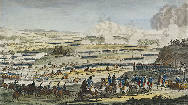 Schlacht bei Jena am 14.10.1806. Kolorierter Kupferstich von Edme Bovinet nach einer Vorlage von Jacques Francois Swebach. GStA PK, IX. HA Bilder, SPAE, I Nr. 736.